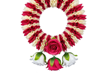 Traditional indian red and white rose garland for religious ceremonies isolated on transparent background