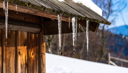 Icicles hang from a rustic wooden roof, dripping water in a winter landscape.
