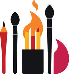 A vibrant set of brushes and paint is illuminated by the flickering light of a bright birthday candle