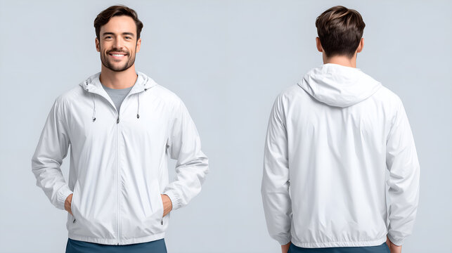 Smiling man wearing a stylish white hooded jacket for urban lifestyle and active wear campaigns