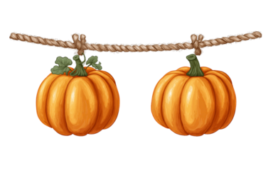Two Orange Pumpkins Hanging on a Rope autumn fall isolated on a transparent background