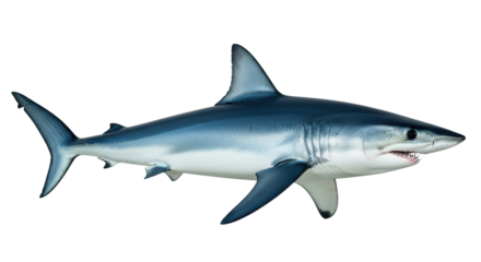 Isolated predatory mako shark swimming, showing gills and teeth, side-view animal wildlife