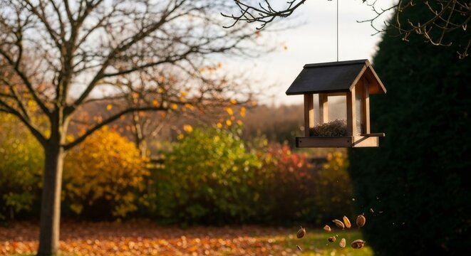 Wooden bird feeder hanging in autumn garden with trees and fallen leaves. Backyard wildlife care, nature observation. Seasonal outdoor decor for animal lovers.
