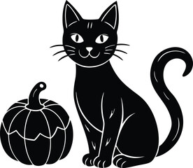 A cartoon black cat vector illustration with yellow eyes