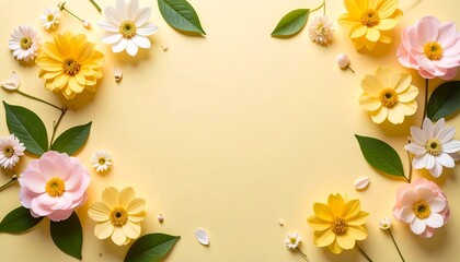 Pastel flowers arranged on a yellow background
