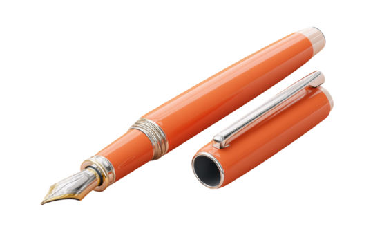 Elegant orange fountain pen with silver trim and detachable cap, cut out