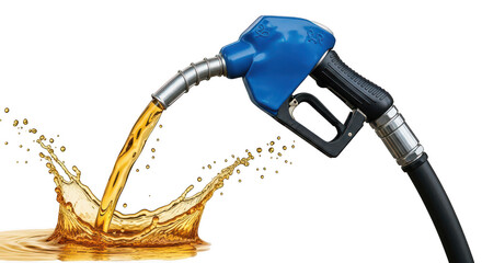 Gasoline pump nozzle with fuel on transparent background