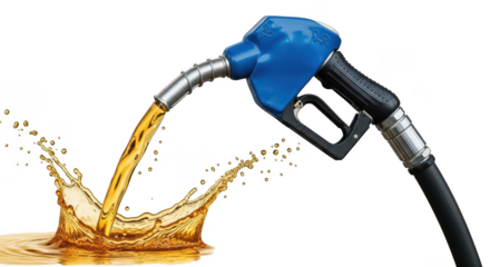 Gasoline pump nozzle with fuel on transparent background