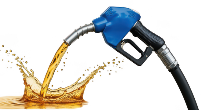 Gasoline pump nozzle with fuel on transparent background