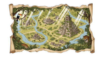 An old map of a jungle island reveals hidden treasures and winding rivers, inviting adventure and exploration, isolated on transparent background the detailed illustration captures the mystery and exc
