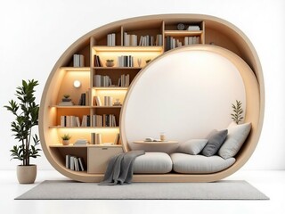 Modern organic shaped reading nook with built in bookshelves and comfortable seating illuminated by warm light