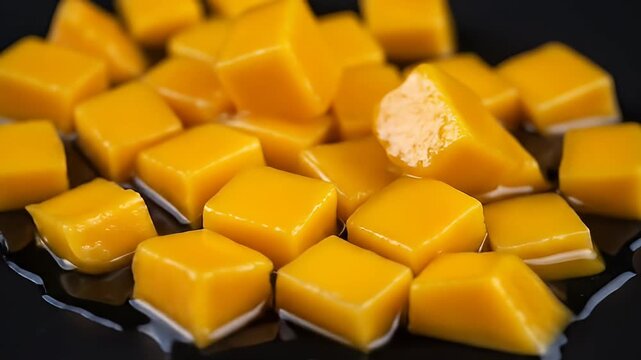 Close-Up Shot of Yellow Mango Cubes on Black Surface Studio Lighting