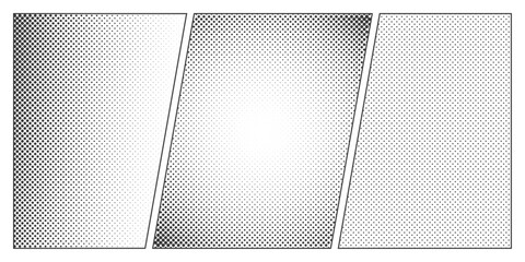 Fototapeta premium Halftone comic manga book template set. Screentone page for superhero story. Collage grid manga with pop art dots effect. Panel layout or mockup. Action scene. Cartoon design. Vector illustration