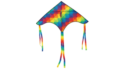 Isolated colorful diamond-shaped kite with rainbow pattern and decorative tail, ready for flying high