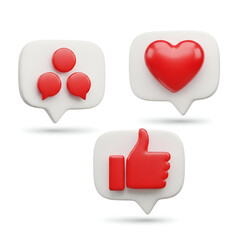 Three social media notification icons chat bubbles, heart, and thumbs up, isolated on white background