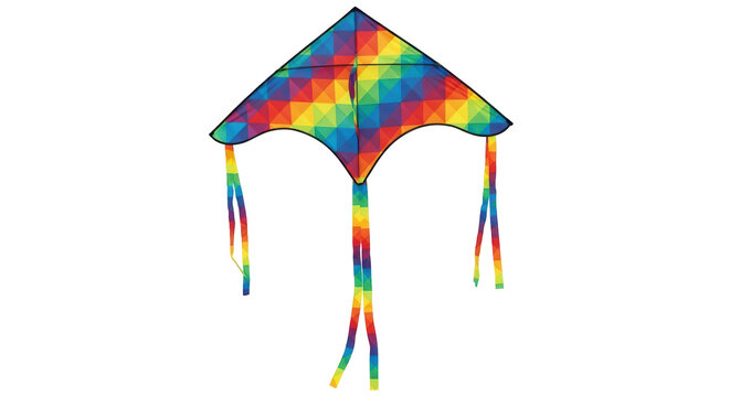 Isolated colorful diamond-shaped kite with rainbow pattern and decorative tail, ready for flying high