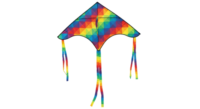 Isolated colorful diamond-shaped kite with rainbow pattern and decorative tail, ready for flying high
