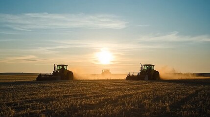 Naklejka premium Tractors Plowing Farmland at Sunset, Showing Agricultural Mechanization and Rural Labor Scenario