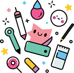 Vector set of school icons with various educational tools and stationery like pencils, books, and scissors