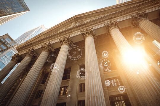 Stunning neoclassical financial building integrated with futuristic digital network overlays symbolizing global connectivity and economic growth.