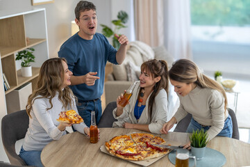 Friends enjoying pizza and drinks together at home during a casual gathering in the afternoon