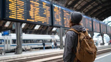 Young caucasian male traveler observing train schedule at bustling european station