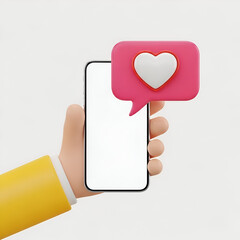 Hand holding a smartphone with a pink speech bubble and a heart icon, isolated on white background
