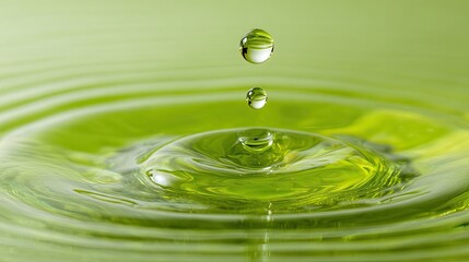A green liquid droplet falling into a green liquid with ripples.