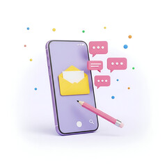 Smartphone with an open envelope and chat bubbles, representing email and messaging, isolated on white background