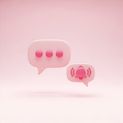 3d rendering of pink chat bubbles with notification bell and typing indicator on a soft pink background