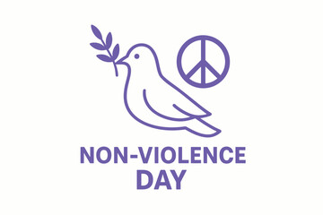 Flat solid color vector illustration for International Day of Non-Violence featuring a dove with olive branch and peace sign icon.