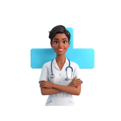 Confident Female Doctor with Medical Cross, 3D Render