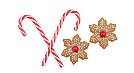 Isolated holiday sweets two candy canes & two gingerbread flower cookies festive treat