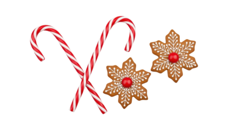 Isolated holiday sweets two candy canes & two gingerbread flower cookies festive treat