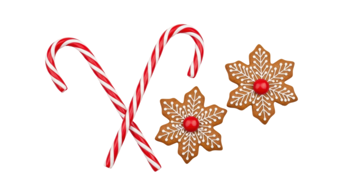 Isolated holiday sweets two candy canes & two gingerbread flower cookies festive treat
