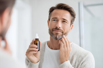 Confident man uses beard oil for healthy grooming and skincare routine in bright bathroom mirror