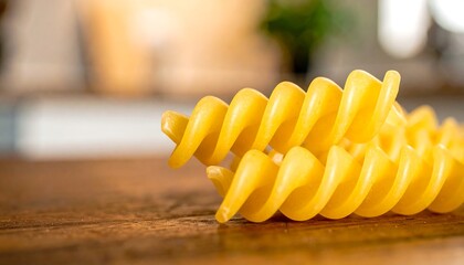 Spiral pasta strands rest on a wooden surface, displaying a warm yellow hue and a textured spiral design.