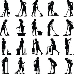 Black silhouette cleaning people, housekeeping tasks, domestic chores, janitor work, sweeping, mopping, vacuuming, scrubbing, hygiene, sanitation, home service illustration