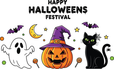 Spooky Halloween festival fun with pumpkins and black cat