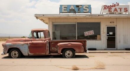 Vintage red pickup truck parked in front of old diner with 'EATS' sign. Nostalgic americana scene. Retro roadside attraction. Rural desert landscape. Classic vehicle and cafe concept.