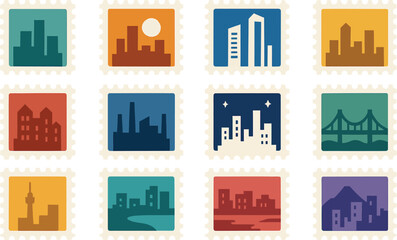 solid color icons representing city skyline postage stamps. Each icon framed with a smooth stamp border. Featuring city-related silhouettes