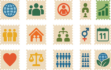 World Population Day Postage Stamps Icon Set – Flat Solid Color Vector Illustrations