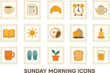 Sunday Morning Postage Stamps Icon Set &ndash; Flat Solid Color Vector Illustrations