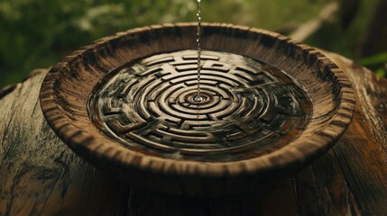 Water Dropping into Wooden Labyrinth Bowl, Nature's Puzzle, Serene Still Life