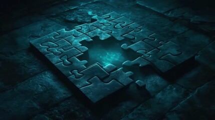 Glowing Puzzle: Mystical Teal Jigsaw with Empty Center, Dark Stone Texture.