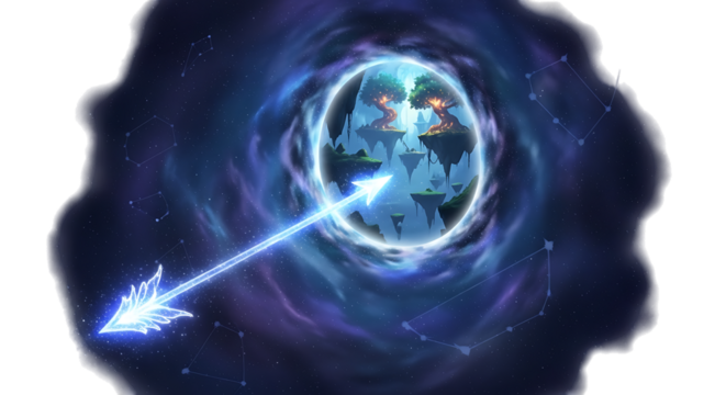 A luminous arrow hurtles towards a miniature world suspended within a swirling vortex of cosmic energy, creating a captivating and surreal scene isolated on transparent background - Powered by Adobe