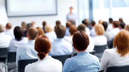 Fototapeta premium A group of business professionals attentively listening to a speaker in a conference room.