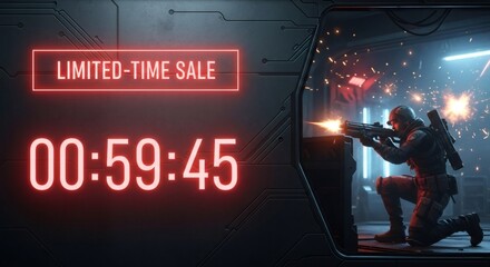 Limited-time sale countdown with futuristic soldier in combat. Sci-fi game promotion. Digital timer and neon text on dark technological background with copy space