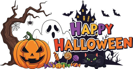 Spooky Halloween scene with ghost, pumpkin, and haunted house