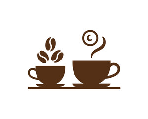 Minimalist Coffee Art: Two Cups - One with Beans, One Steaming - Brown Icon on White, Inviting and Simple Graphic